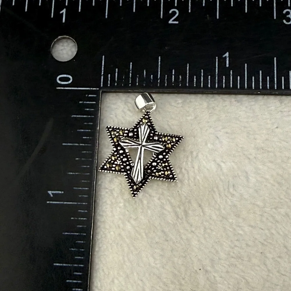 Vintage Jerusalem Pendant Sterling Silver Star of David Cross Marcasite